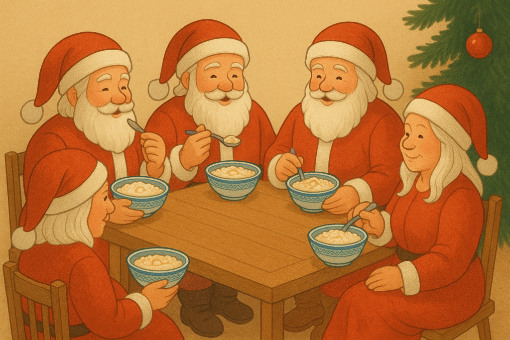 Fem personer kledd i røde nisseantrekk sitter rundt et bord og spiser fra skåler, med et pyntet juletre delvis synlig i bakgrunnen.