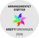 En sirkulær logo med et fargerikt pinwheel-design og en norsk tekst som sier "Arrangementet støtter Kreftforeningen 2026.