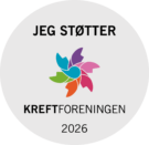 Et sirkulært merke med en fargerik blomsterlogo og teksten "JEG STØTTER KREFTFORENINGEN 2026" på en lysegrå bakgrunn.