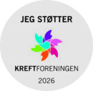 En fargerik pinwheel-logo med teksten "JEG STØTTER KREFTFORENINGEN 2026" på en lysegrå sirkelformet bakgrunn.