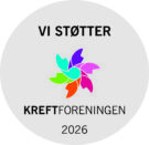 Sirkulær logo med teksten "VI STØTTER KREFTFORENINGEN 2026" og et flerfarget, abstrakt blomstermotiv i midten.
