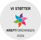 Et sirkulært merke med teksten "VI STØTTER KREFTFORENINGEN 2026" og en fargerik, abstrakt blomsterlogo i midten.