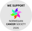 Et sirkulært merke med et fargerikt pinwheel-design og teksten: "Vi støtter Kreftforeningen 2026.