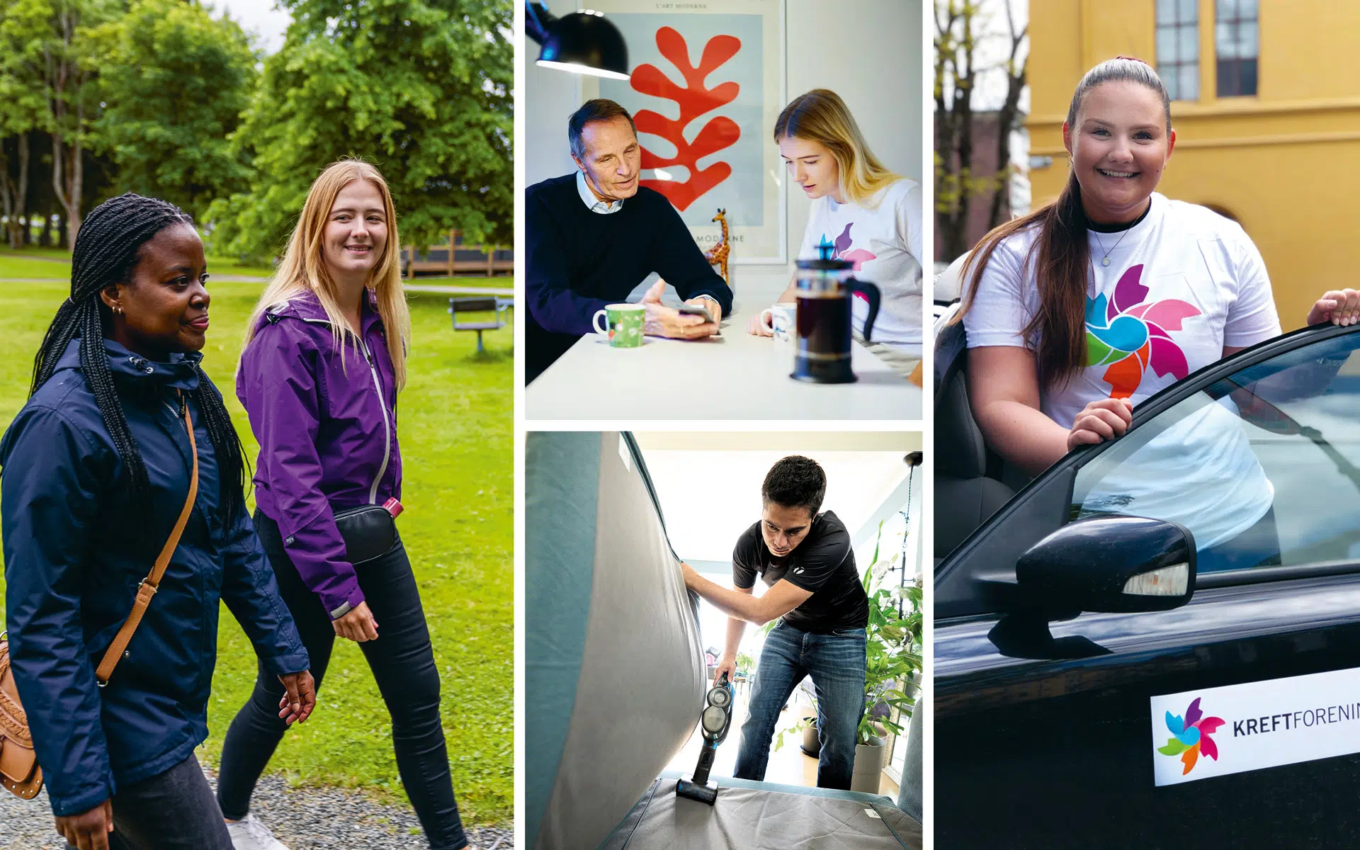 Collage som viser folk som jobber frivillig: to kvinner som går utendørs, to personer som diskuterer innendørs, en mann som gjør rent, og en kvinne som står ved en bil med Kreftforeningens logo.