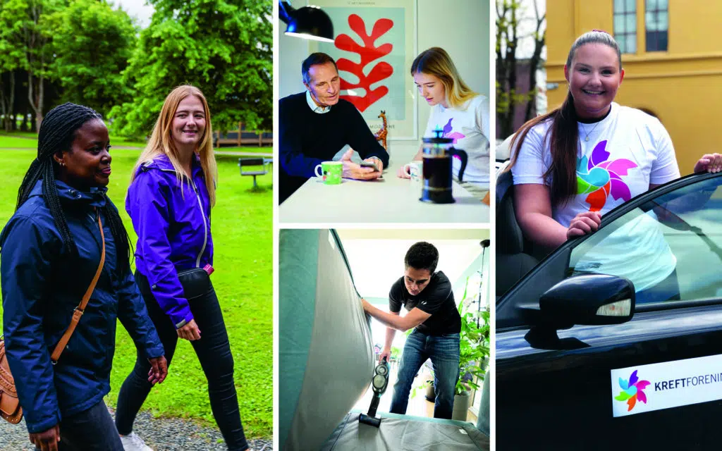En collage viser mennesker som går i en park, har et møte, støvsuger innendørs, og en kvinne som smiler ved en bil merket "Kreftforeningen".