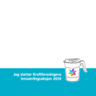 Illustrasjon av en donasjonsbeholder med Kreftforeningens logo og teksten "Jeg støtter Kreftforeningens innsamlingsaksjon 2026" på en blå og hvit bakgrunn.