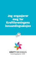 En blå og hvit plakat med tekst som promoterer Kreftforeningens innsamlingsaksjon 2026, med to hjerteikoner og en fargerik blomsterlogo.