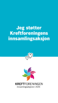 En grafikk med teksten "Jeg støtter Kreftforeningens innsamlingsaksjon" over Kreftforeningens logo og "Innsamlingsaksjonen 2026". To hjerteikoner er i midten.