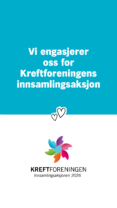 En kampanjegrafikk for Kreftforeningens innsamlingsaksjon 2026, med tekst, hjerteikoner og Kreftforeningens logo med et fargerikt blomstermotiv.