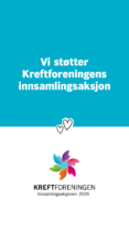 Blå og hvit plakat med teksten "Vi støtter Kreftforeningens innsamlingsaksjon" over to hjerteikoner og Kreftforeningens logo med "Innsamlingsaksjonen 2026" nederst.