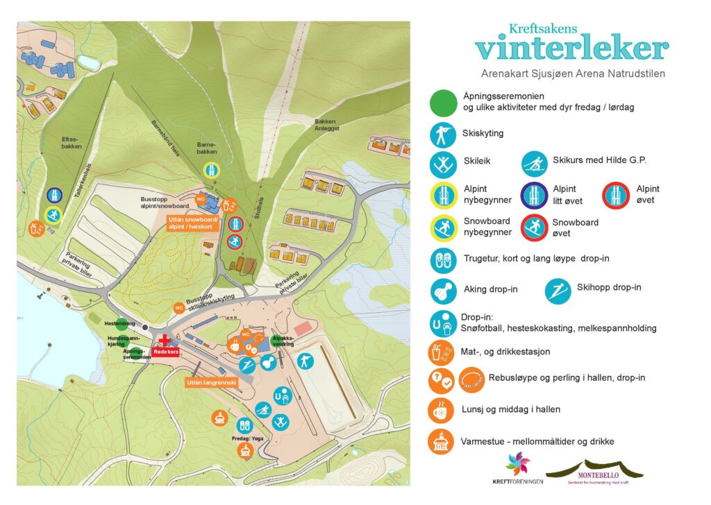 Fargerikt kart over Kreftsakens vinterleker på Sjusjøen Arena, med aktivitetsområder, skiløyper, parkering, førstehjelp, toaletter og ikoner for ulike vinteridretter og fasiliteter på Kreftsakens vinterleker.