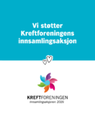 Plakat med blå og hvit bakgrunn med teksten "Vi støtter Kreftforeningens innsamlingsaksjon" og Kreftforeningens logo med fargerike kronblader og to hjerteikoner.