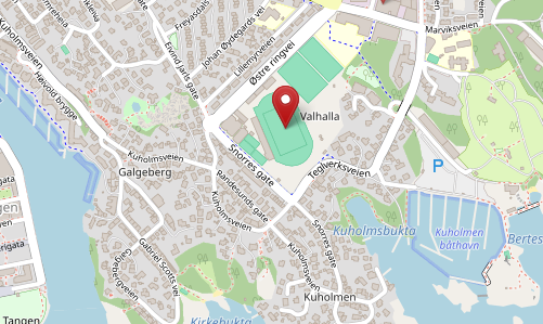 Kart som viser beliggenheten til Valhall idrettsanlegg i Oslo, Norge, merket med rød knappenål nær krysset mellom Sports gate og Teglverksveien.