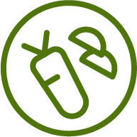 Grønt omriss av en hel peanøtt og en halv peanøtt med skall inne i en sirkel på en lys bakgrunn.