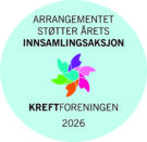 Blått, sirkulært merke med flerfarget hjul i midten. Teksten lyder "Arrangementet støtter årets innsamlingsaksjon Kreftforeningen 2026.