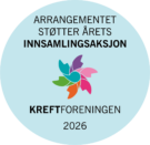 Lyseblå sirkel med fargerikt pinwheel-design og norsk tekst om at arrangementet støtter Kreftforeningens årlige innsamlingsaksjon i 2026.