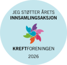 Et sirkulært merke med norsk tekst til støtte for Kreftforeningens årlige innsamlingsaksjon, med en flerfarget abstrakt blomst og årstallet 2026.