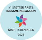Et sirkulært merke med en fargerik, abstrakt blomst og norsk tekst som støtter innsamlingsaksjonen 2026 til Kreftforeningen.