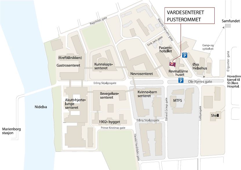 Kart over et sykehusområde ved Nidelva med inntegnede bygninger, blant annet Gastrosenteret, Kunnskapssenteret, Akutt-hjerte-lungesenteret og Vardesenteret Pusterommet.