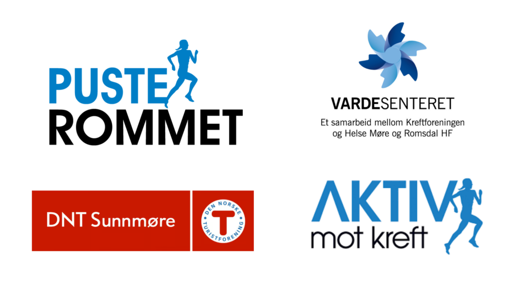 En collage av fire logoer: Pusterommet, Vardesenteret, DNT Sunnmøre og Aktiv mot kreft, alle knyttet til helse- og aktivitetstiltak i Norge.