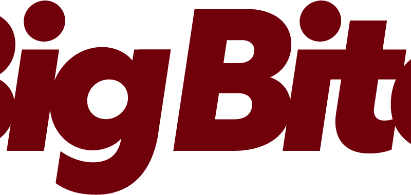 Bildet viser ordene "Big Bite" i store, fete, mørkerøde bokstaver med et registrert varemerkesymbol - et sterkt visuelt uttrykk for virksomheter som ønsker å bli en solsmart bedrift.