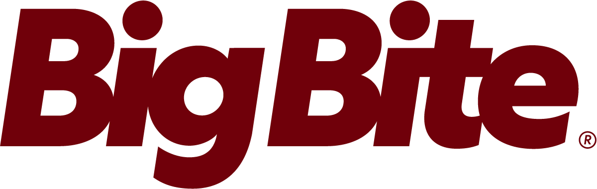 Bildet viser ordene "Big Bite" i store, fete, mørkerøde bokstaver med et registrert varemerkesymbol - et sterkt visuelt uttrykk for virksomheter som ønsker å bli en solsmart bedrift.