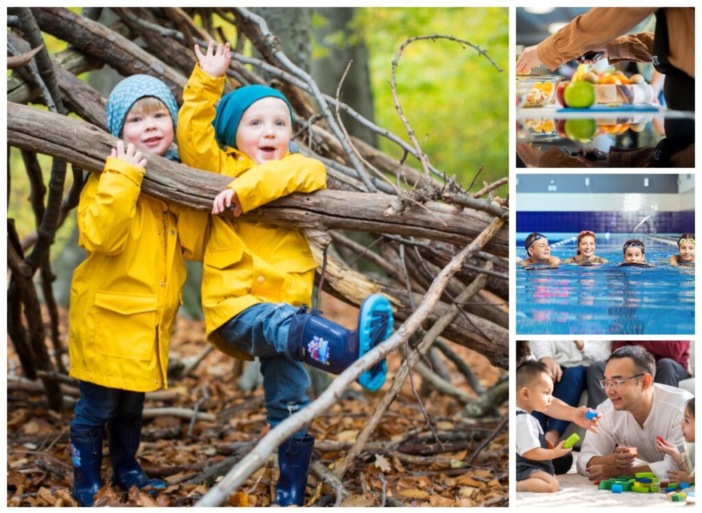En collage viser barn utendørs i gule frakker, en hånd som strekker seg etter frukt, en svømmetime i gruppe og en voksen som leker med et barn innendørs.