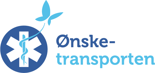 Logo for Ønsketransporten med en blå medisinsk livsstjerne med slange og stav og en blå sommerfugl, samt organisasjonens navn i blå tekst.