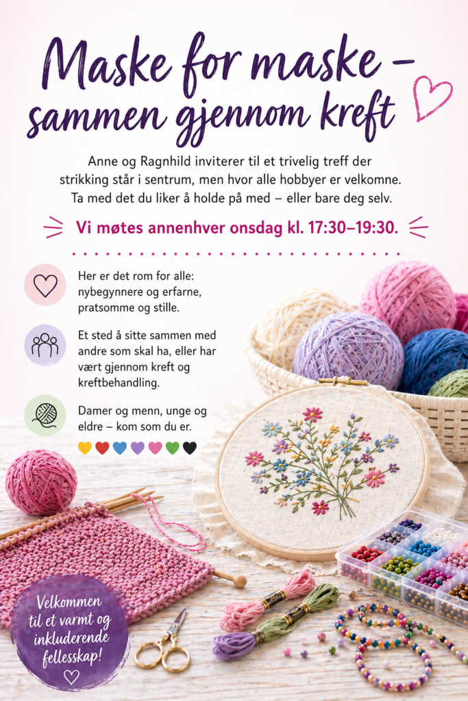 En løpeseddel med garnnøster, strikkepinner, broderier og perler, som reklamerer for et sosialt strikkearrangement for kreftrammede.