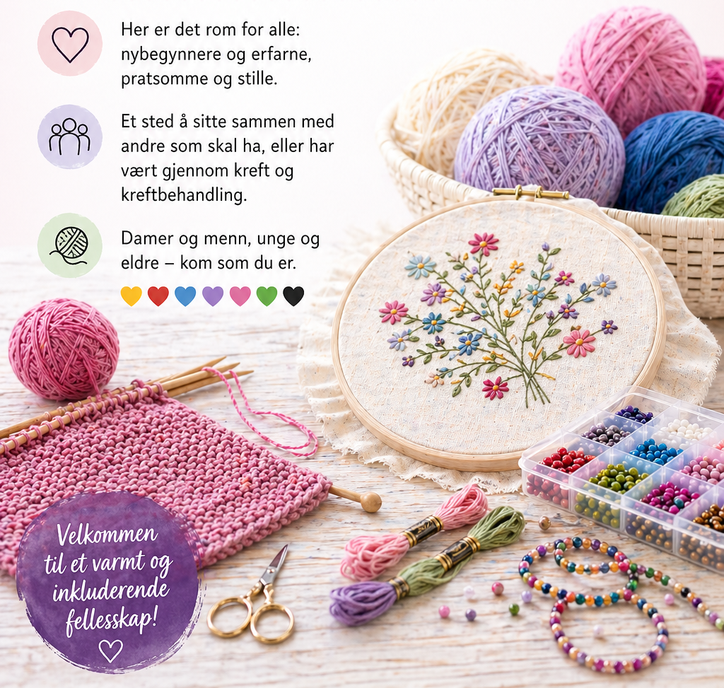 En løpeseddel med garnnøster, strikkepinner, broderier og perler, som reklamerer for et sosialt strikkearrangement for kreftrammede.