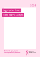 En plakat med rosa tema for brystkreftkampanjen 2026 i Norge, med tekst som oppfordrer til å støtte Rosa sløyfe-initiativet og kreftforskning.