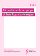 Plakat med rosa aksenter som inviterer folk til å bidra til å samle inn penger til Rosa sløyfe-aksjonen 2026; inkluderer logoer og norsk tekst som støtter brystkreftforskning.