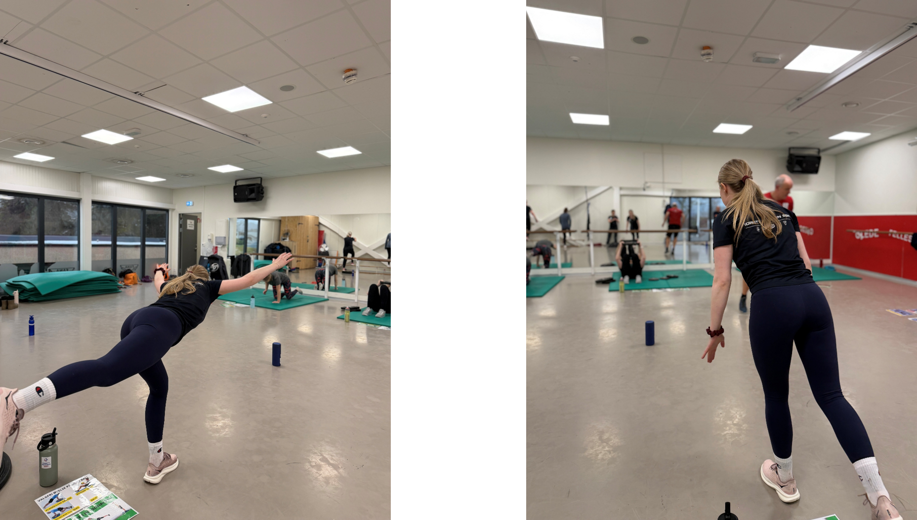 To bilder viser en kvinne i sportsklær som balanserer på ett ben med utstrakte armer i et treningsstudio, mens andre trener i bakgrunnen.