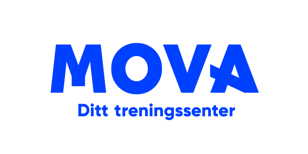 En logo med blå tekst som lyder «MOVA», med en stilisert bokstav A, og «Ditt treningssenter» under, på en lysegrå bakgrunn.