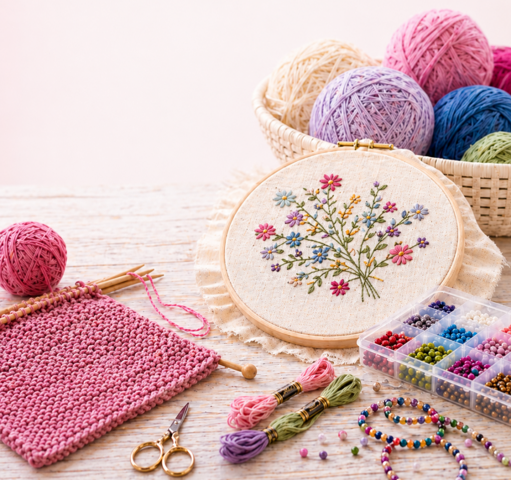 En broderiramme med blomstermønster, garnnøster i en kurv, en strikkeprøve med strikkepinner, saks, fargede tråder, perler og to perlearmbånd på en lys treflate.