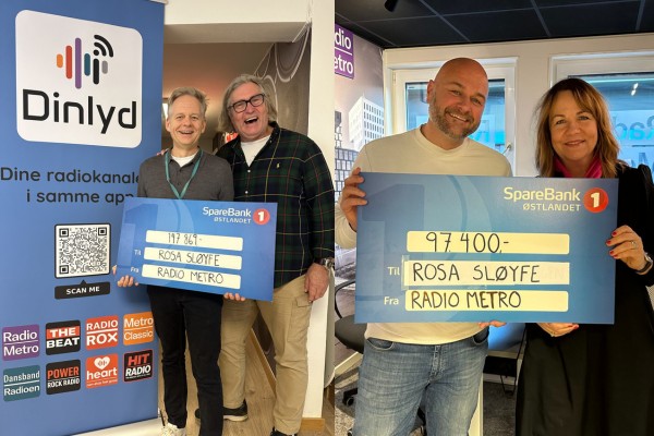 To par holder store sjekker fra Radio Metro til veldedighetsorganisasjonen Rosa Sløyfe, mens de står innendørs i nærheten av bannere og kontormøbler.
