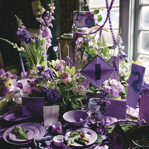 Et bord dekket til et måltid er pyntet med lilla blomster, stearinlys og ulike lilla servisedeler, noe som skaper et harmonisk og livfullt opplegg med lilla som tema.