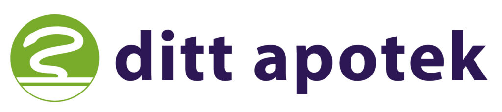 «Ditt Apotek»-logoen med en grønn sirkel som inneholder et hvitt symbol og mørkeblå tekst som lyder «ditt apotek» på hvit bakgrunn.