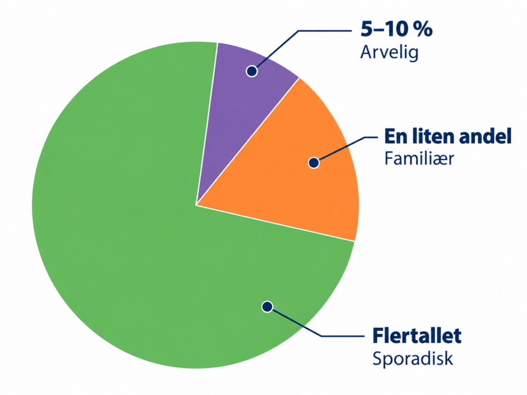 Et sirkeldiagram som viser at flertallet er «sporadisk», en liten andel er «familiær», og 5–10 % er «arvelig», noe som illustrerer tilfeller av arvelig kreft og viktigheten av genetisk utredning. Betegnelsene er på norsk.