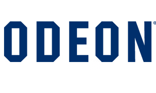 Bildet viser ordet «ODEON» i fet, mørkeblå versaler på en lysegrå bakgrunn.