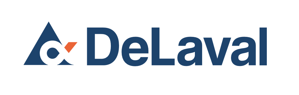 DeLaval-logoen med et stilisert mørkeblått og oransje symbol til venstre for firmanavnet, skrevet med fete blå bokstaver på hvit bakgrunn.