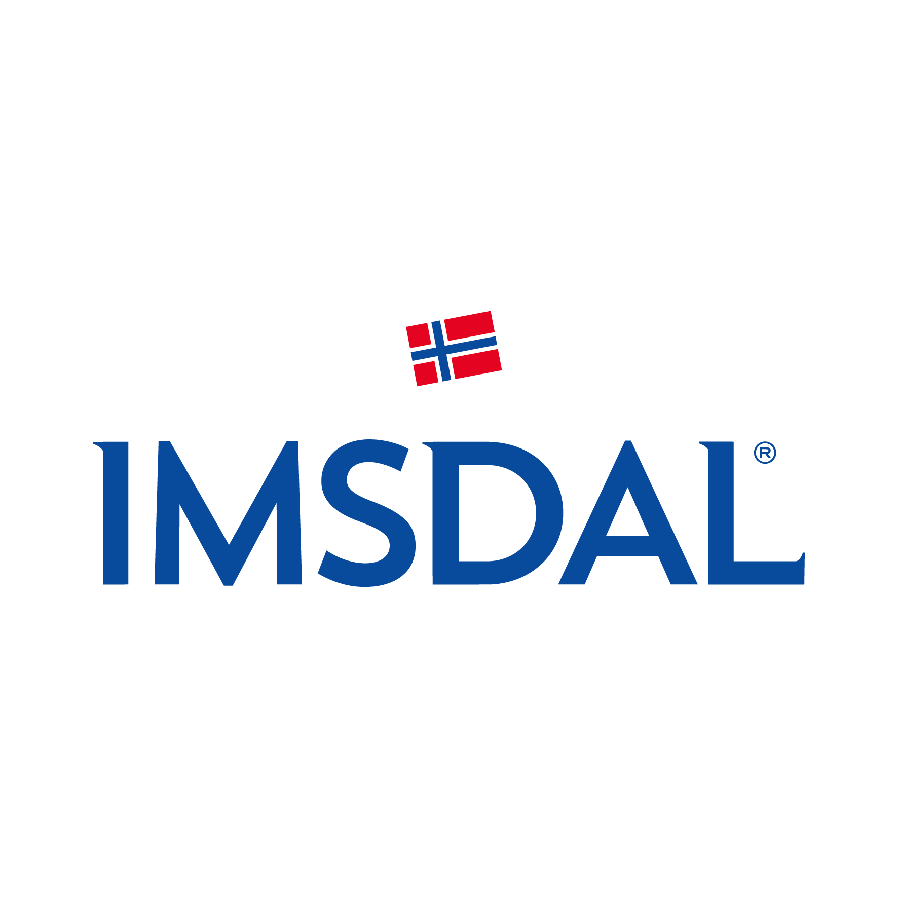 IMSDAL-logoen i blå store bokstaver med et lite norsk flagg sentrert over teksten på en lysegrå bakgrunn.
