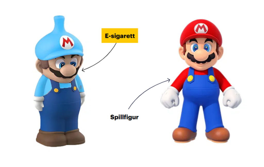 En blå e-sigarett formet som spillfiguren Super Mario ved siden av en vanlig Super Mario-spillfigur.