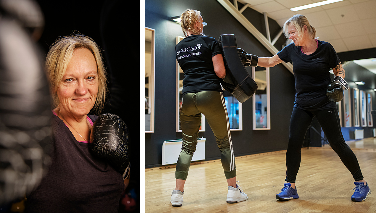 Beate bokser mot kameraet, bokser mot boksepute hennes personlige trenger holder. Fotocollage..