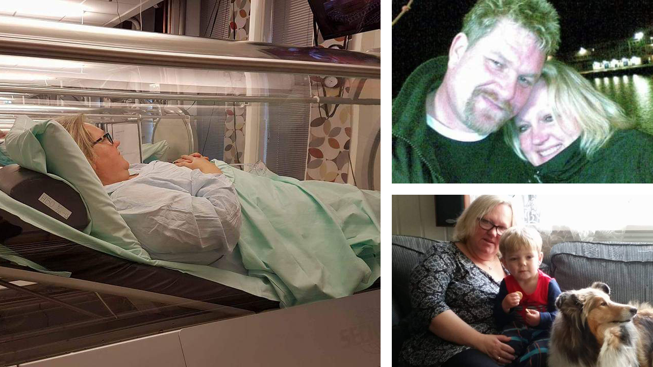 Fotocollage. Beate ligger i sykesengen. Beate sammen med mannen, og sammen med et barnebarn.