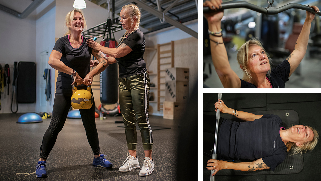 Beate løfter vekter på treningssenteret. Fotocollage.